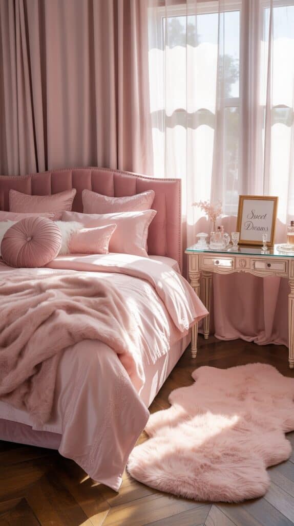 A sophisticated pink bedroom featuring layered textures with pink curtains, bedding, and rugs.