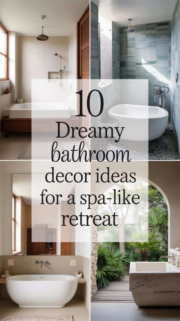 A photograph of a meticulously crafted collage showcasing four distinct spa-like bathrooms, each uniquely styled to evoke serenity and relaxation. The bathrooms feature varying color palettes – one with soft creams and wood tones, another with calming blues and grays, and a third with lush greens and natural stone accents, with all bathed in soft, diffused light. Overlaid on the collage in elegant, modern script are the words "10 Dreamy Bathroom Decor Ideas for a Spa-Like Retreat". The background is a clean white, allowing the bathrooms to stand out as the primary focus, and a subtle shadow effect gives the collage depth and dimension.