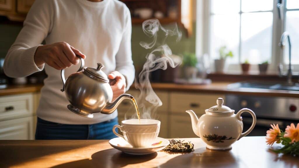 Person mindfully preparing tea in a sunlit kitchen - simple ritual in slow living lifestyle