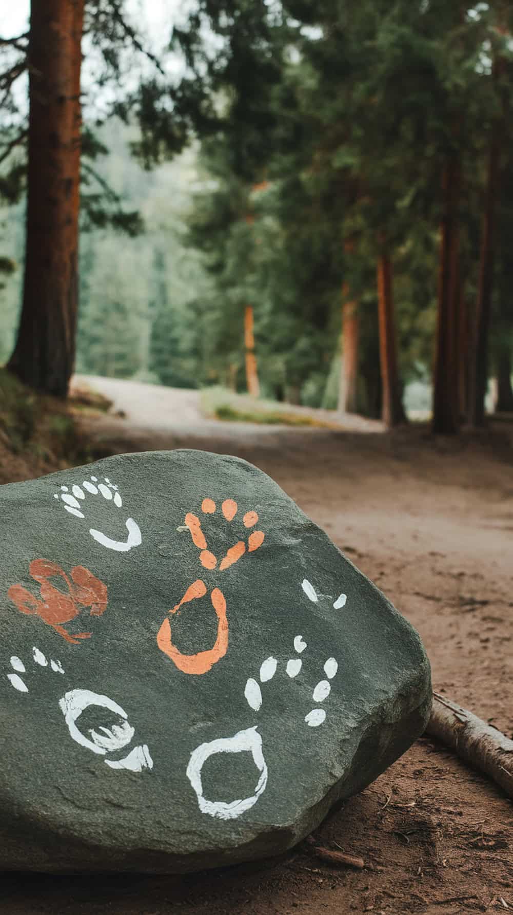 A painted rock featuring various animal tracks in a forest setting.