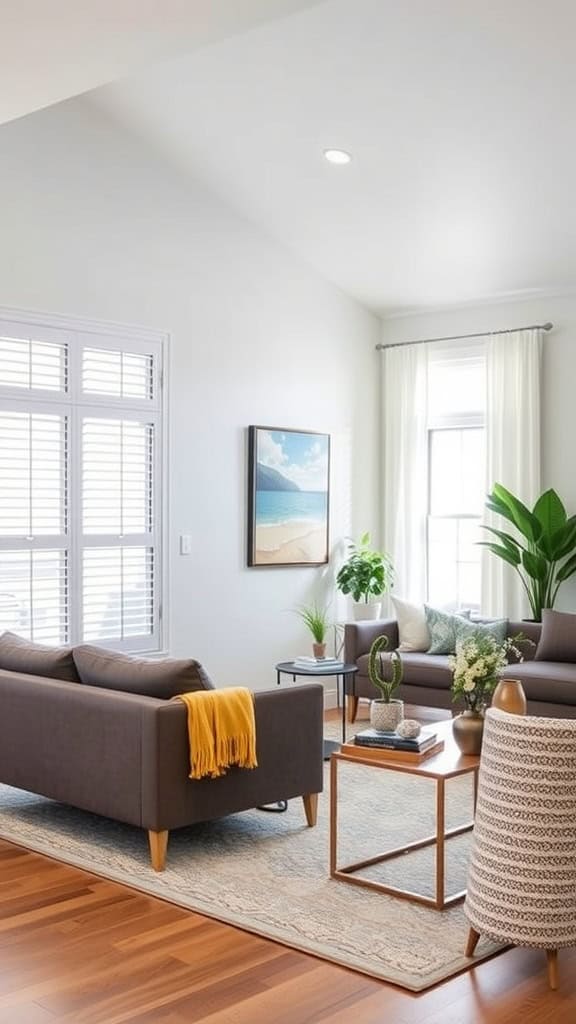 A modern living room featuring sleek sofas, bright decor, and a cozy atmosphere.
