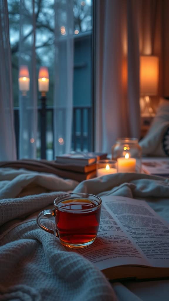 A cozy evening scene with a cup of tea, an open book, and candles.