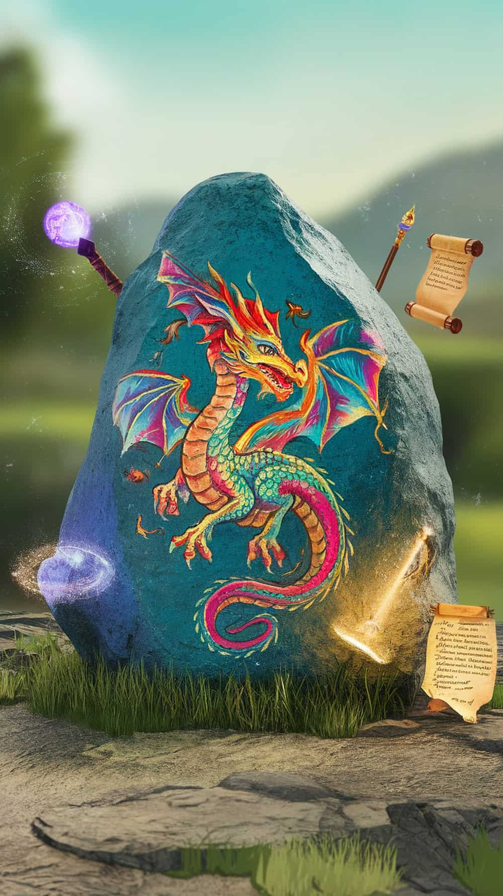 A painted rock featuring a colorful dragon surrounded by magical elements.