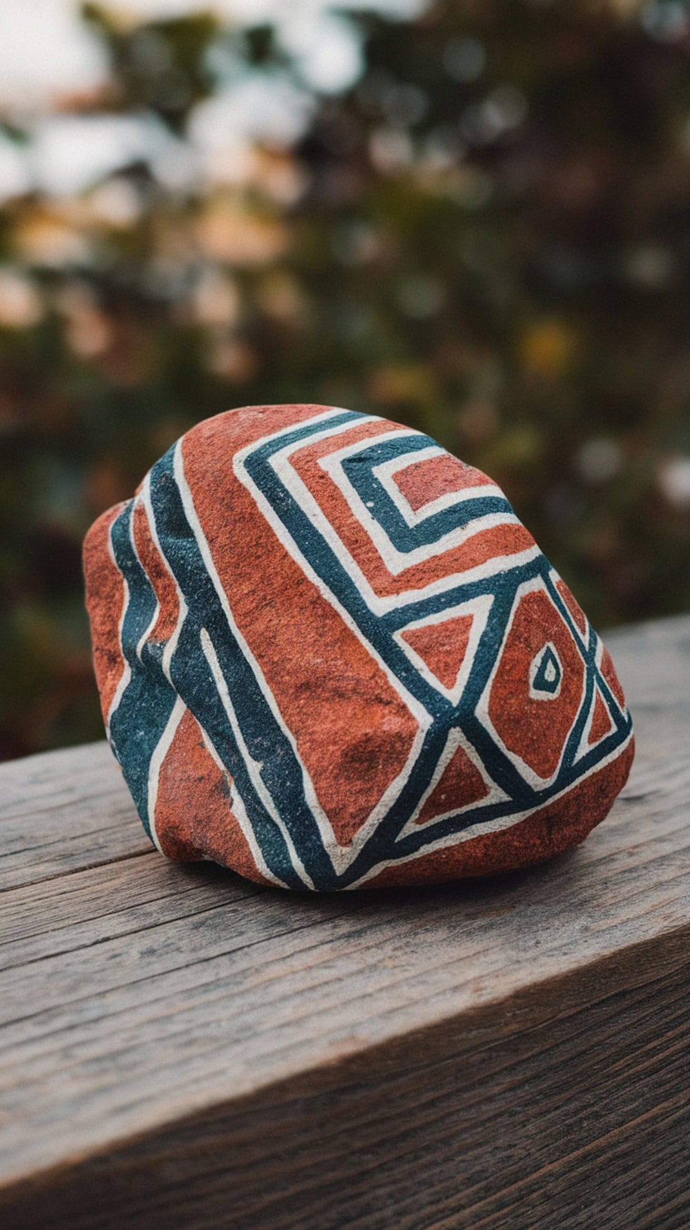 A painted rock with geometric shapes in red, blue, and white colors.