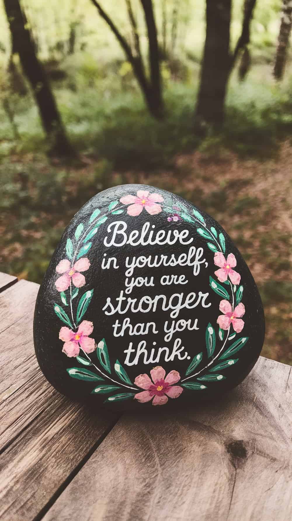 A painted rock with the quote 'Believe in yourself, you are stronger than you think.' surrounded by flowers.