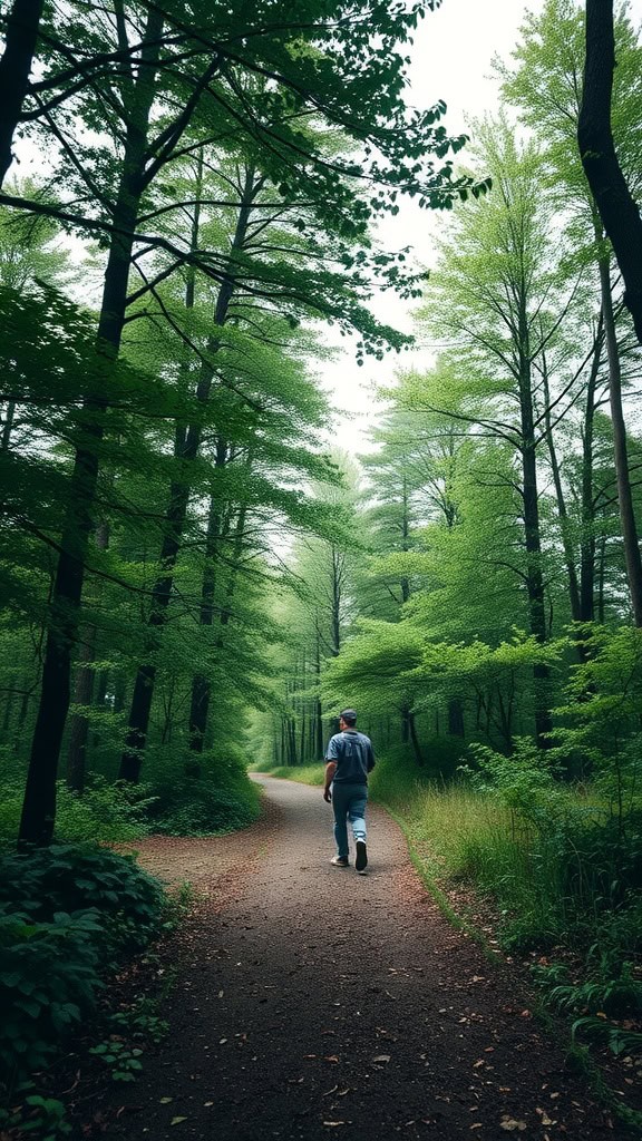 A person walking on a path through a green forest.