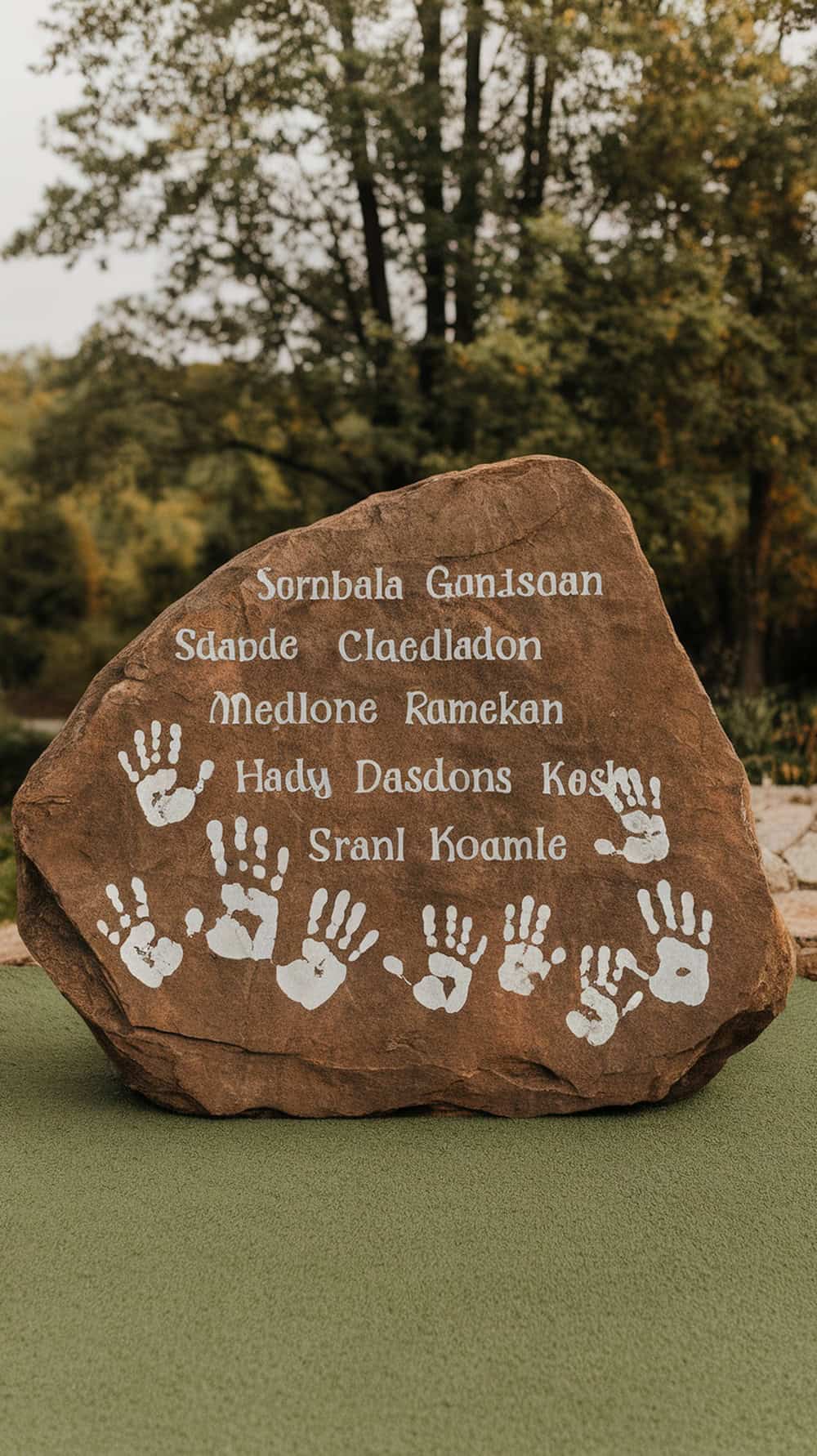 A personalized rock with handprints and names painted on it, surrounded by greenery.