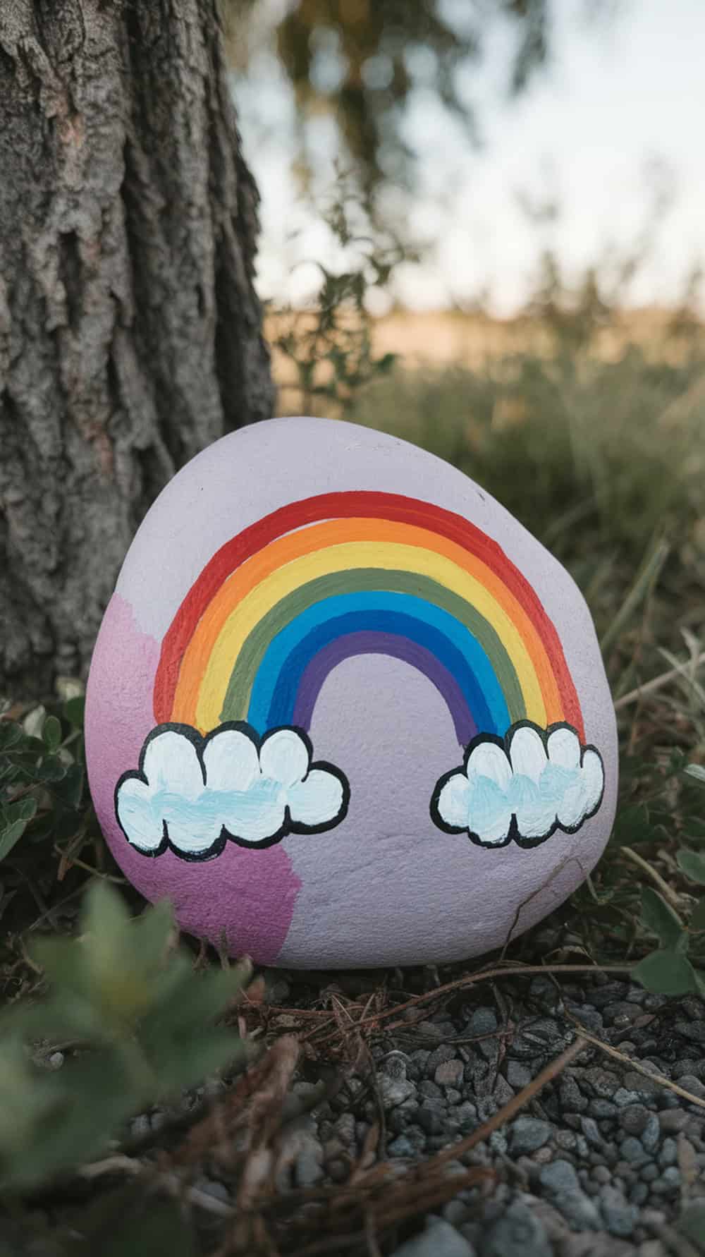 A painted rock featuring a rainbow and clouds, placed on the ground near a tree.