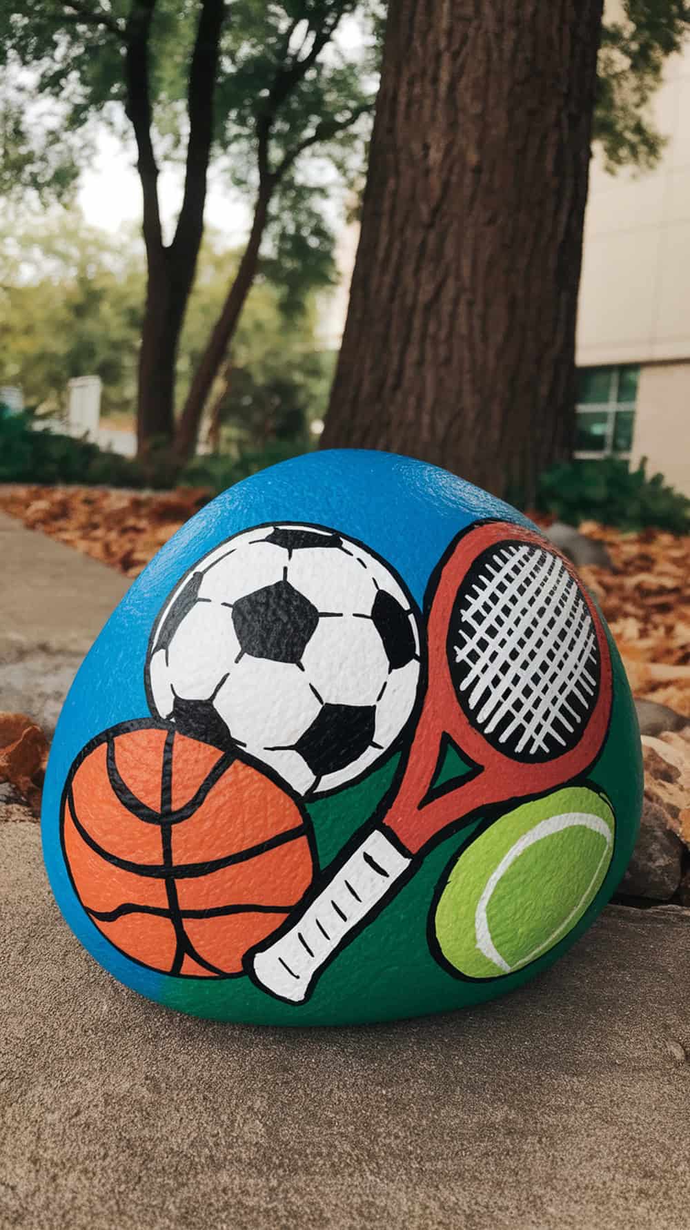 A painted rock featuring a soccer ball, basketball, tennis racket, and tennis ball on a blue background.