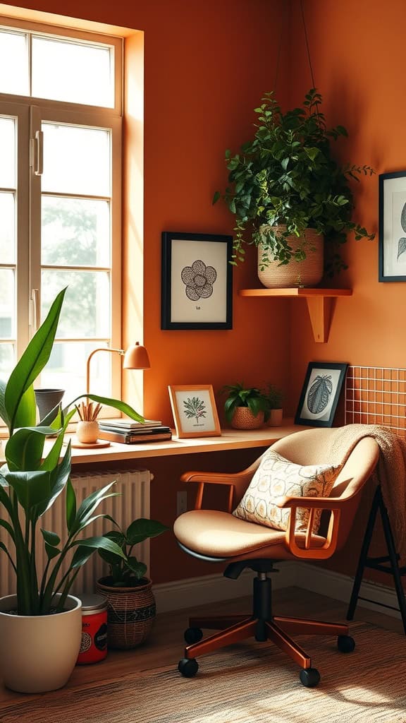 A cozy home office with warm terracotta walls, a comfortable chair, plants, and natural light.