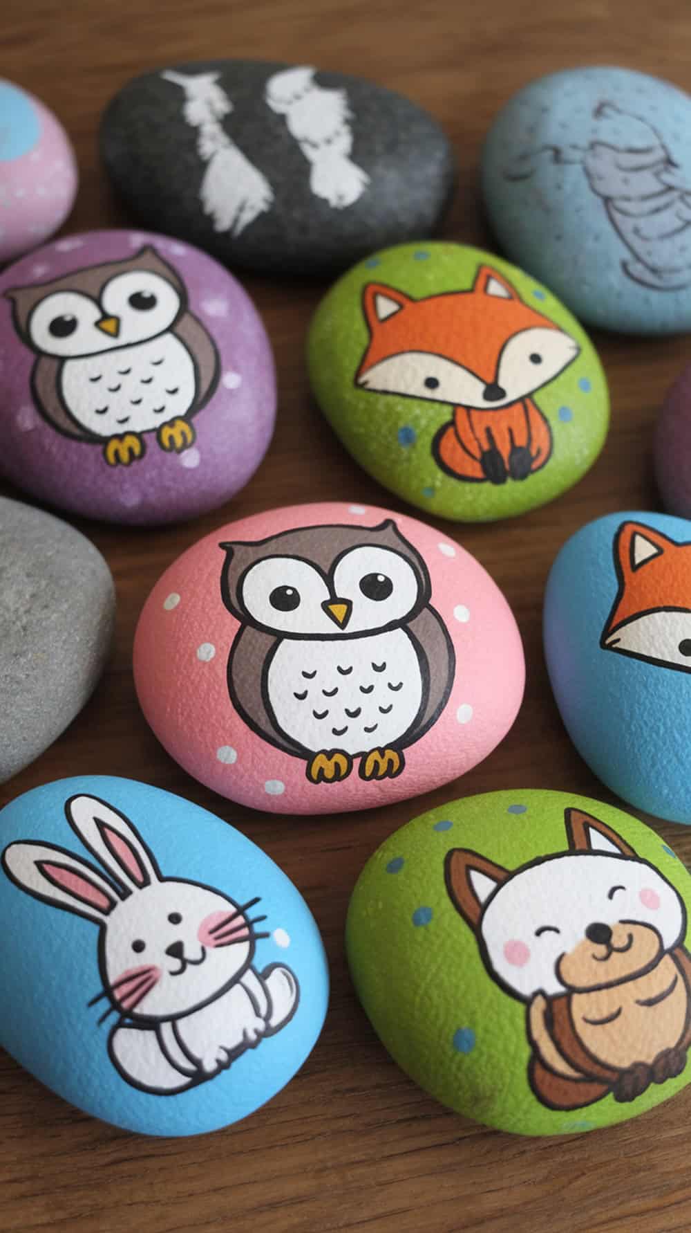 Colorful painted rocks featuring whimsical animal designs like owls, foxes, and rabbits.