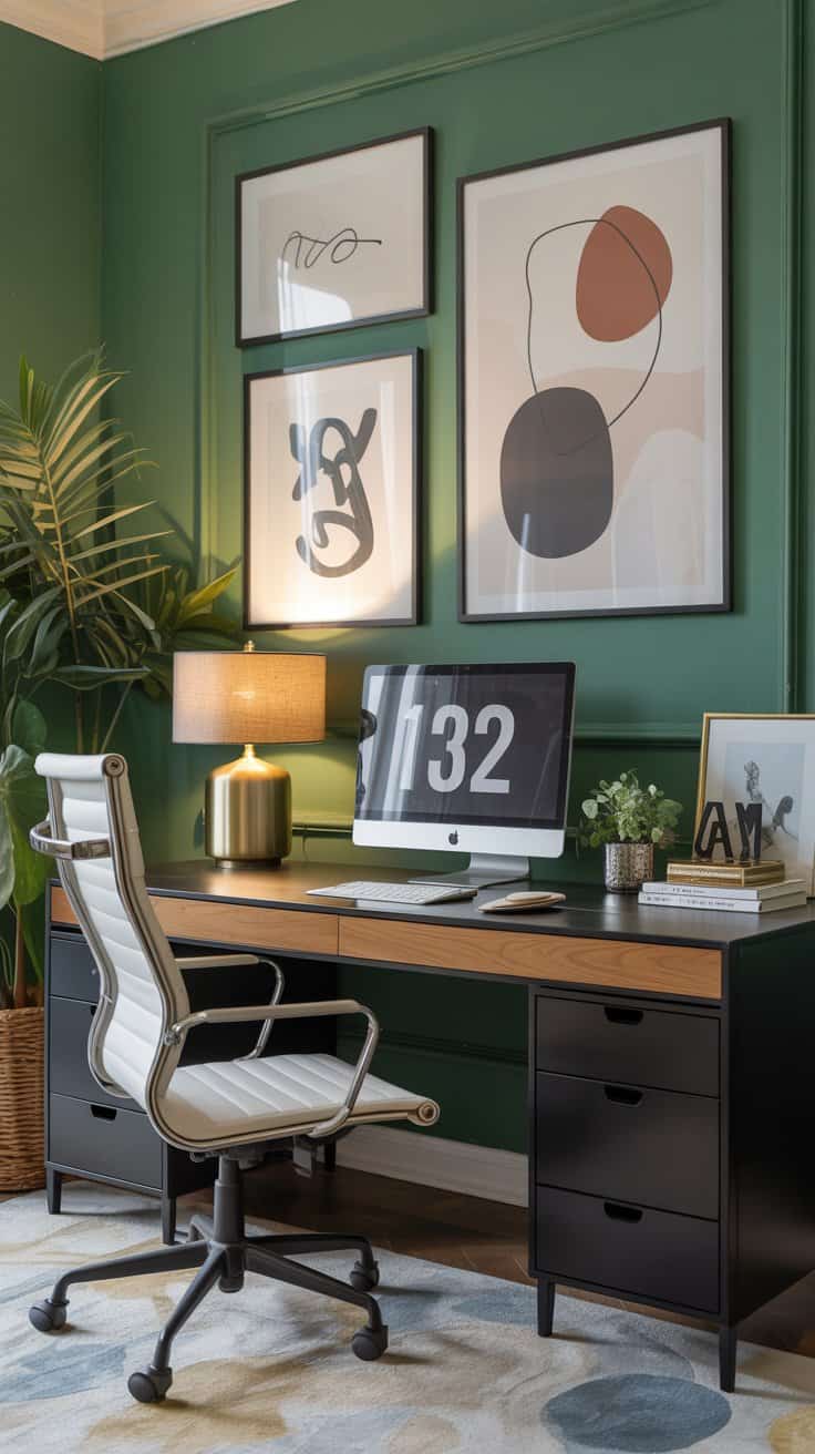 Wide shot of an aesthetically pleasing home office with abstract art, ambient lighting, and neat desk accessories with green walls
