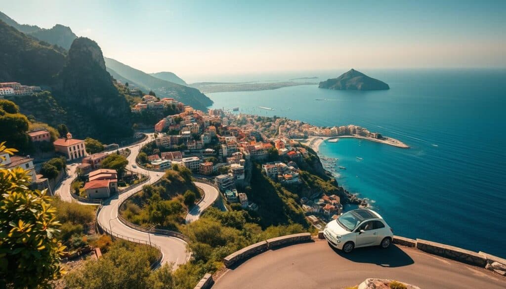 A breathtaking panoramic scene of the iconic Amalfi Coast, showcasing the picturesque town of Positano nestled between rugged cliffs and the sparkling azure waters of the Tyrrhenian Sea. The sun-drenched landscape is framed by lush, terraced vineyards and olive groves, with colorful houses cascading down the hillside like a vibrant mosaic. Winding roads cut through the dramatic terrain, offering sweeping vistas of the coastline and the distant islands. Warm, golden light bathes the scene, creating a dreamy, romantic atmosphere, while a vintage Fiat 500 navigates the serpentine route, adding a touch of classic Italian charm.