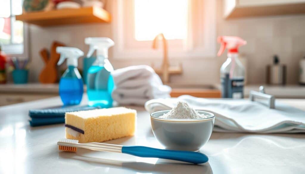 A bright, airy kitchen countertop with various household cleaning products arranged neatly. In the foreground, a sponge, a toothbrush, and a small bowl of baking soda, showcasing common techniques for tackling stubborn stains. The middle ground features a clean, white towel and a spray bottle, hinting at the effectiveness of targeted cleaning solutions. In the background, natural light streams in through a window, casting a warm, inviting glow and emphasizing the clean, organized space. The overall scene conveys a sense of efficiency and attention to detail in the pursuit of a spotless home.