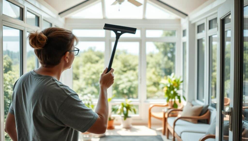 A bright, airy sunroom, bathed in natural light. In the foreground, a person in casual attire carefully cleans the large, sparkling windows, using a squeegee and microfiber cloth to ensure a streak-free shine. The middle ground features potted plants and cozy furniture, hinting at the room's tranquil ambiance. The background showcases the lush greenery and clear sky outside, creating a seamless indoor-outdoor connection. Soft, diffused lighting filters in, casting a warm, inviting glow. The scene conveys a sense of domestic harmony and the joy of maintaining a well-cared-for sunroom sanctuary.
