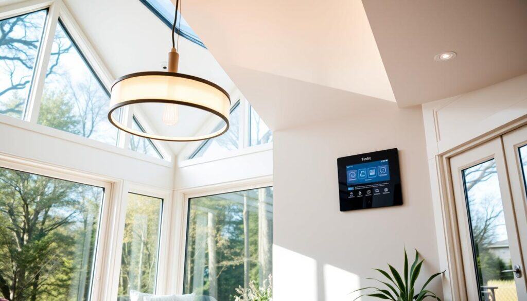 A bright, airy sunroom with sleek, modern lighting fixtures and integrated smart home features. The space is flooded with natural light from floor-to-ceiling windows, creating a warm, inviting atmosphere. In the foreground, a minimalist chandelier with clean lines and subtle task lighting illuminates the seating area. The middle ground showcases a wall-mounted smart home control panel, seamlessly blending technology with the room's decor. In the background, recessed lighting and discreet LED strips accentuate the architectural details, while smart climate and lighting automation systems ensure optimal comfort and energy efficiency. The overall impression is one of sophisticated, future-forward design that enhances the sunroom's connection to the outdoors.