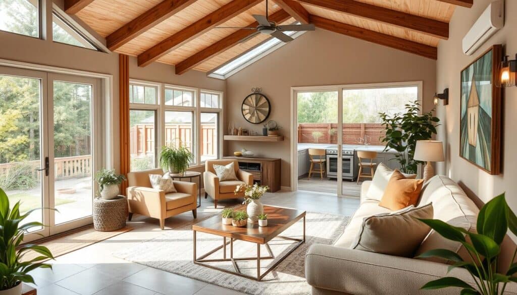 A bright and airy all-season room seamlessly integrated into a cozy home layout. Large windows and sliding glass doors flood the space with natural light, creating a warm and inviting atmosphere. Plush furniture in soothing earth tones, complemented by natural wood accents, invite relaxation. Decorative plants and greenery add pops of color, blurring the boundaries between indoor and outdoor living. Diffused lighting from overhead fixtures and strategic task lighting contribute to the room's tranquil ambiance. The room's open floor plan harmoniously connects to the adjacent living areas, expanding the home's usable square footage and enhancing the overall living experience.