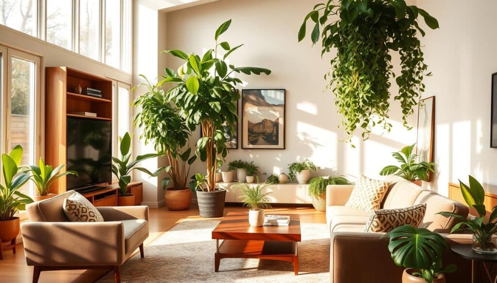 A bright and airy living room, bathed in warm natural light from large windows. The space is stylishly furnished with a plush velvet sofa, mid-century inspired coffee table, and sleek wooden shelving units. Lush, thriving indoor plants, including a tall fiddle-leaf fig tree and cascading pothos, are strategically placed throughout, creating a lush, magazine-worthy oasis. The room has a sophisticated yet cozy ambiance, with subtle textures and a neutral color palette accented by pops of green. The camera's lens captures the space at a slightly elevated angle, highlighting the harmonious integration of nature and modern design.