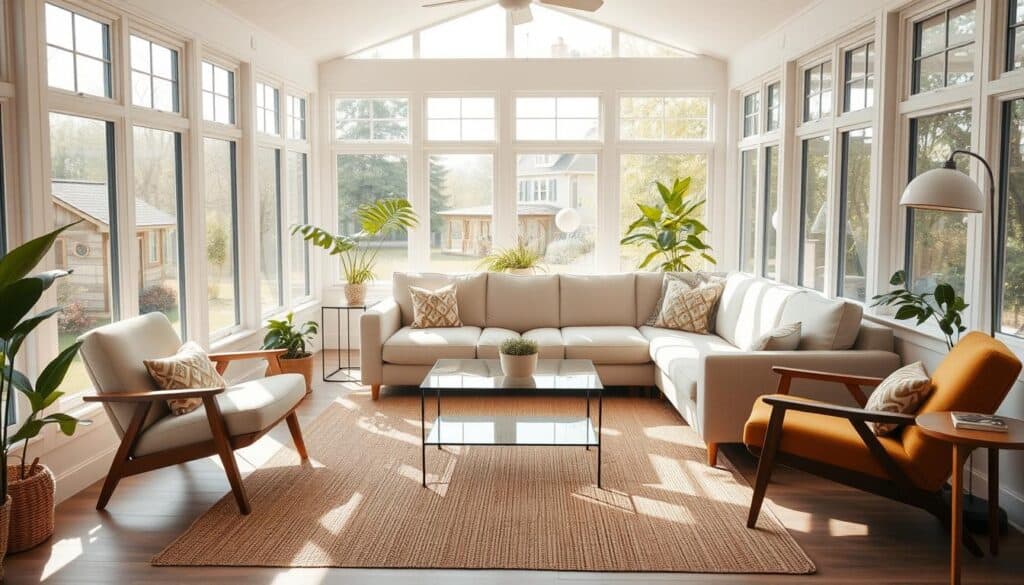 A bright and airy sunroom with a cozy furniture arrangement, bathed in natural light streaming through large windows. A plush, L-shaped sectional sofa in a neutral tone takes center stage, complemented by a pair of mid-century modern armchairs in a warm, earthy palette. A minimalist, glass-topped coffee table anchors the space, while a decorative area rug in natural fibers adds texture underfoot. Potted plants and a few carefully curated accent pieces, such as a wooden side table and a modern floor lamp, create a harmonious, nature-inspired ambiance. The room is illuminated by the soft, diffused glow of the sun, casting a warm, inviting atmosphere perfect for relaxation and contemplation.