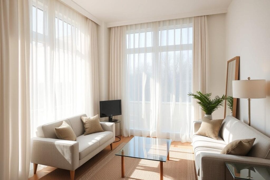 A bright small space with sheer curtains maximizing natural light