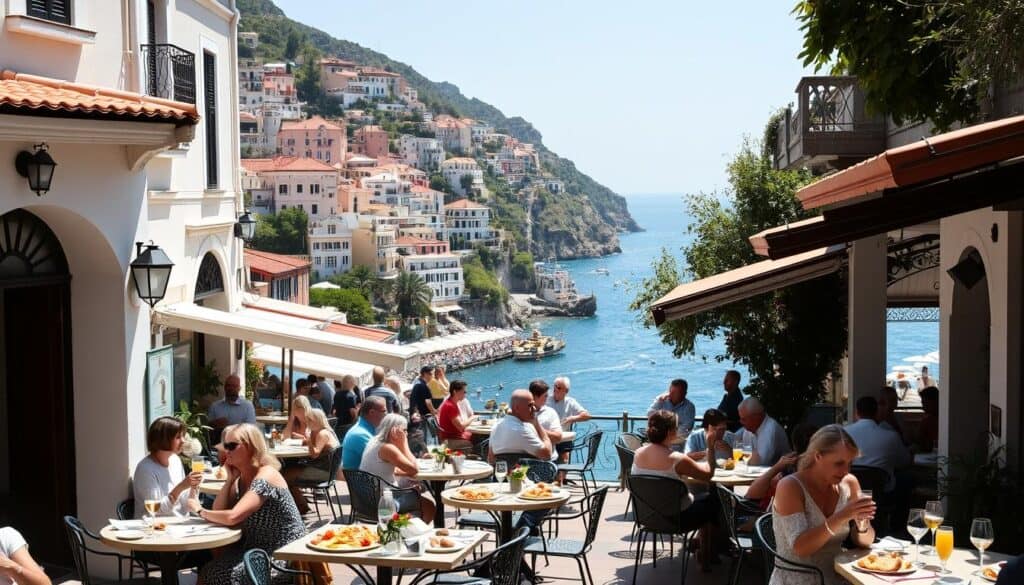 A bustling seaside dining scene in Positano, Italy. In the foreground, chic outdoor cafes and trattorias with white-washed walls, wrought-iron accents, and terracotta roofs. Patrons enjoying local seafood dishes and sipping chilled glasses of Limoncello under the warm Mediterranean sun. In the middle ground, the iconic pastel-colored buildings of Positano cascade down the cliffside, framed by lush greenery. In the background, the azure waters of the Tyrrhenian Sea sparkle, with the rugged Amalfi coastline visible in the distance. A lively, authentic atmosphere filled with the aroma of fresh-baked breads and simmering sauces, inviting the viewer to savor the best of Positano's culinary delights.