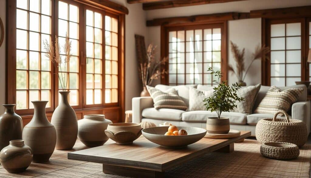 A cozy Japandi-inspired living room, bathed in warm, natural light from large windows. In the foreground, a collection of handcrafted ceramic vases and bowls in earthy tones and organic shapes, complemented by woven baskets and textiles. In the middle ground, a low, minimalist wooden coffee table showcases more artisanal pieces - a handmade ceramic platter, a woven fruit bowl, and a potted plant. The background features a neutral-toned sofa, accented with natural fiber and knitted throw pillows, creating a harmonious, tactile atmosphere. A cozy Japandi-inspired living room, bathed in warm, natural light from large windows. In the foreground, a collection of handcrafted ceramic vases and bowls in earthy tones and organic shapes, complemented by woven baskets and textiles. In the middle ground, a low, minimalist wooden coffee table showcases more artisanal pieces - a handmade ceramic platter, a woven fruit bowl, and a potted plant. The background features a neutral-toned sofa, accented with natural fiber and knitted throw pillows, creating a harmonious, tactile atmosphere.