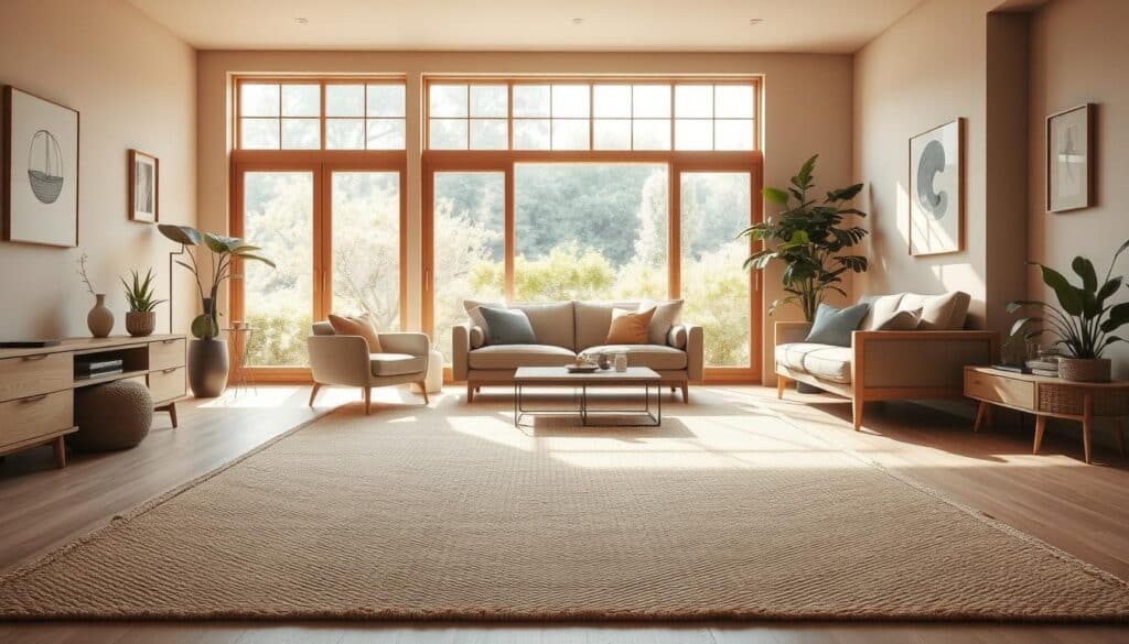 A cozy Japandi-style living room bathed in warm, natural light. In the foreground, a luxurious natural fiber rug in a neutral tone anchors the space, its tactile texture inviting bare feet. Surrounding the rug, mid-century modern furniture in light wood and muted upholstery creates a harmonious, minimalist aesthetic. In the background, large windows overlooking a serene garden scene let in ample daylight, casting a soft, diffused glow throughout the room. Minimalist wall decor and potted plants add subtle pops of greenery, complementing the earthy, calming atmosphere. A cozy Japandi-style living room bathed in warm, natural light. In the foreground, a luxurious natural fiber rug in a neutral tone anchors the space, its tactile texture inviting bare feet. Surrounding the rug, mid-century modern furniture in light wood and muted upholstery creates a harmonious, minimalist aesthetic. In the background, large windows overlooking a serene garden scene let in ample daylight, casting a soft, diffused glow throughout the room. Minimalist wall decor and potted plants add subtle pops of greenery, complementing the earthy, calming atmosphere.