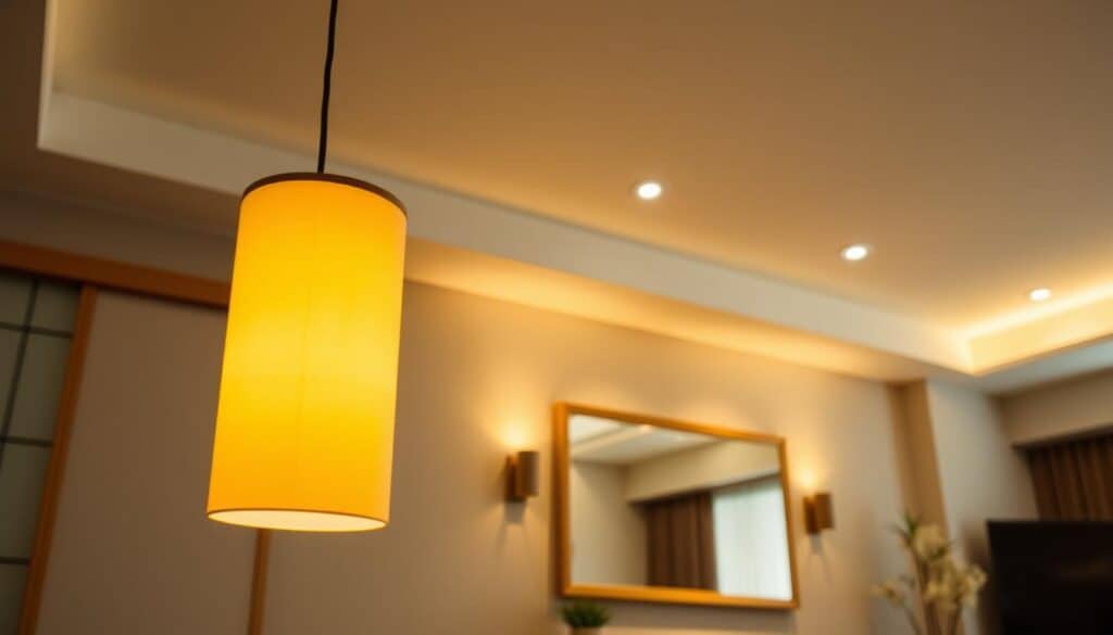 A cozy Japandi-style living room, illuminated by a collection of warm, minimalist lighting fixtures. In the foreground, a sleek, cylindrical pendant lamp casts a soft, amber glow, creating a tranquil ambiance. In the middle ground, a pair of wooden-framed sconces flank a large, wall-mounted mirror, their muted tones and clean lines echoing the Japandi aesthetic. In the background, a series of recessed ceiling lights bathe the space in a gentle, diffused light, blending seamlessly with the natural textures and earthy tones of the room. The overall scene exudes a sense of understated elegance and harmonious balance, perfectly capturing the essence of Japandi lighting design. A cozy Japandi-style living room, illuminated by a collection of warm, minimalist lighting fixtures. In the foreground, a sleek, cylindrical pendant lamp casts a soft, amber glow, creating a tranquil ambiance. In the middle ground, a pair of wooden-framed sconces flank a large, wall-mounted mirror, their muted tones and clean lines echoing the Japandi aesthetic. In the background, a series of recessed ceiling lights bathe the space in a gentle, diffused light, blending seamlessly with the natural textures and earthy tones of the room. The overall scene exudes a sense of understated elegance and harmonious balance, perfectly capturing the essence of Japandi lighting design.