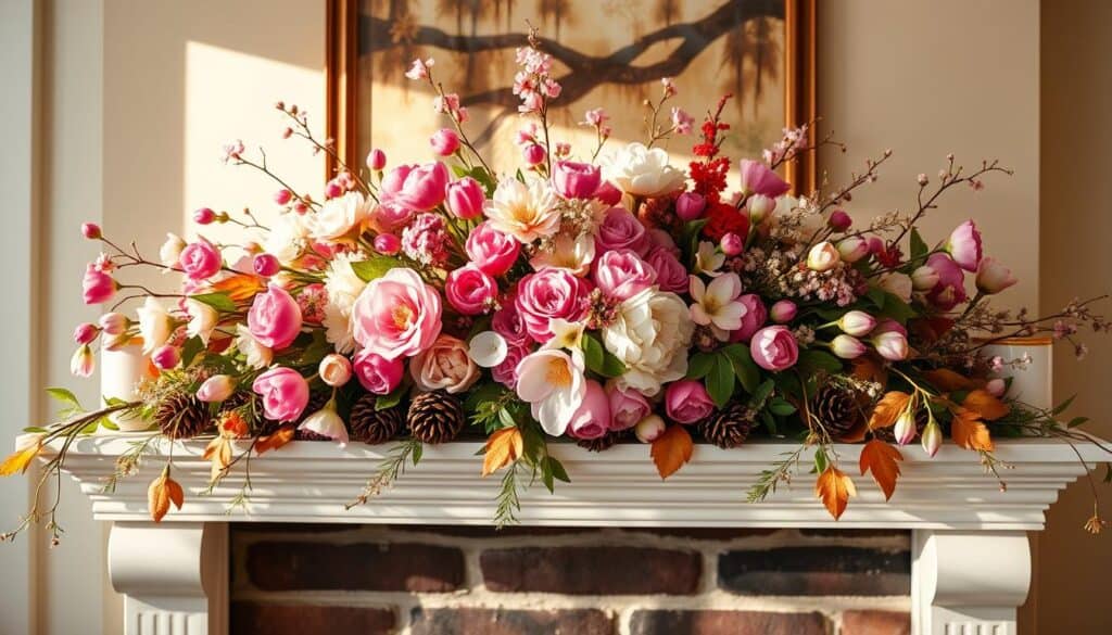 A cozy fireplace mantel adorned with a vibrant arrangement of spring florals, such as peonies, tulips, and cherry blossoms, complemented by subtle autumn accents like pinecones, leaves, and vines. The mantel is bathed in warm, natural lighting that casts a soft, inviting glow, creating a harmonious blend of seasonal elements. The composition is balanced, with the florals taking center stage, surrounded by carefully curated decor pieces that enhance the overall aesthetic. The scene exudes a sense of seasonal transition, blending the freshness of spring with the tranquility of autumn, inviting the viewer to imagine the evolving beauty of the mantel throughout the year.