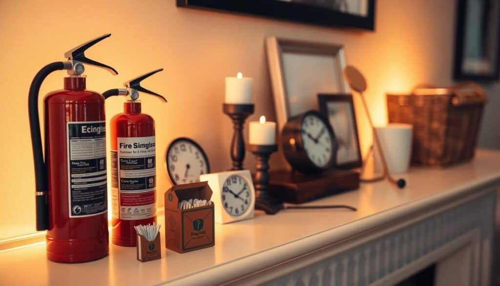 A cozy fireplace mantel, bathed in warm, soft lighting, showcases a collection of decorative objects and safety essentials. In the foreground, a sturdy fire extinguisher and a box of matches sit neatly arranged, while a small fire poker leans against the mantel's edge. The middle ground features stylish candle holders and a minimalist clock, complementing the overall aesthetic. In the background, the mantel's surface is adorned with subtle textures, such as a woven basket and a framed artwork, creating a balanced and visually appealing display. The scene conveys a sense of functionality, practicality, and attention to detail, ensuring the fireplace mantel is both visually captivating and safely maintained.