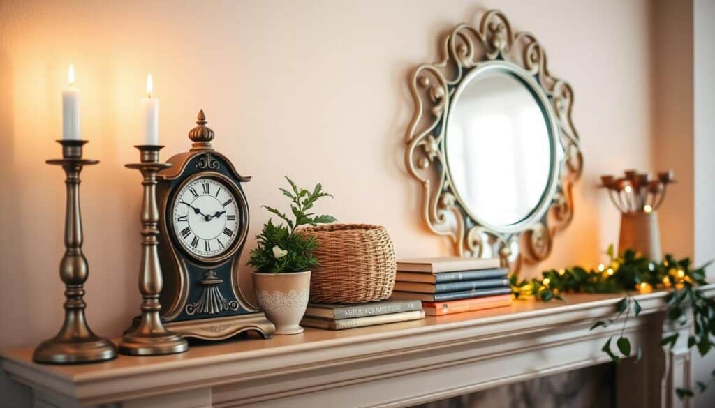 A cozy fireplace mantel, bathed in warm, soft lighting, showcases a harmonious layering of decor elements. In the foreground, an ornate vintage clock stands tall, flanked by a pair of elegant candlesticks casting a gentle glow. The middle ground features a mix of natural textures, including a woven basket, a potted plant, and a stack of artfully arranged books. In the background, a decorative mirror reflects the inviting scene, while a garland of greenery trails along the mantel's edge, adding a touch of organic elegance. The overall composition exudes a sense of balance, depth, and visual interest, perfectly capturing the essence of "Layering Your Decor for Visual Interest."