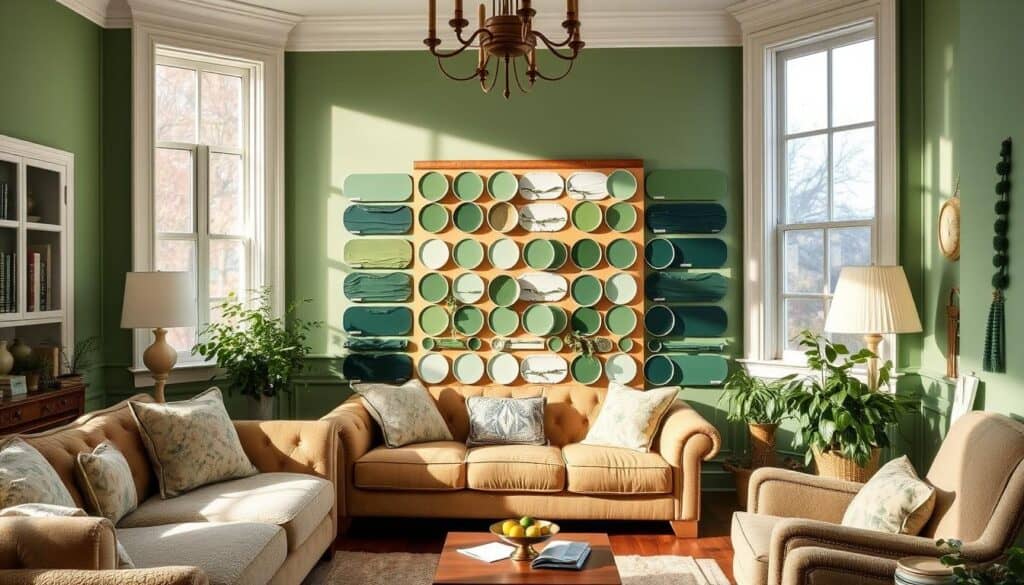 A cozy living room interior with a collection of traditional green paint shades displayed on the walls. Soft, natural lighting filters through large windows, casting a warm glow on the various green hues. The shades range from deep, forest greens to lighter, more muted sage tones, each sample neatly arranged on a wooden display board. The room's furnishings, such as a plush sofa and armchair, complement the green tones, creating a harmonious and inviting atmosphere. The overall scene conveys a sense of tranquility and timeless elegance, showcasing the versatility of these classic green paint colors for a living room setting.