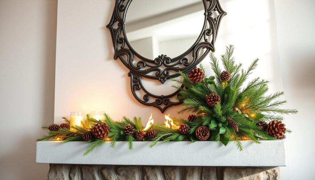 A cozy, modern fireplace mantel adorned with seasonal decorations. In the foreground, a minimalist stone or concrete mantel is accented with lush greenery, pinecones, and warm-toned candles or fairy lights. The middle ground features a large, ornate mirror or wall art that reflects the flickering flames of the fireplace. The background showcases a clean, white or light gray wall, creating a bright and airy atmosphere. Soft, directional lighting casts gentle shadows, enhancing the textures and creating a welcoming, hygge-inspired ambiance. The overall aesthetic is a harmonious blend of contemporary and rustic elements, perfectly suited for a stylish seasonal display.