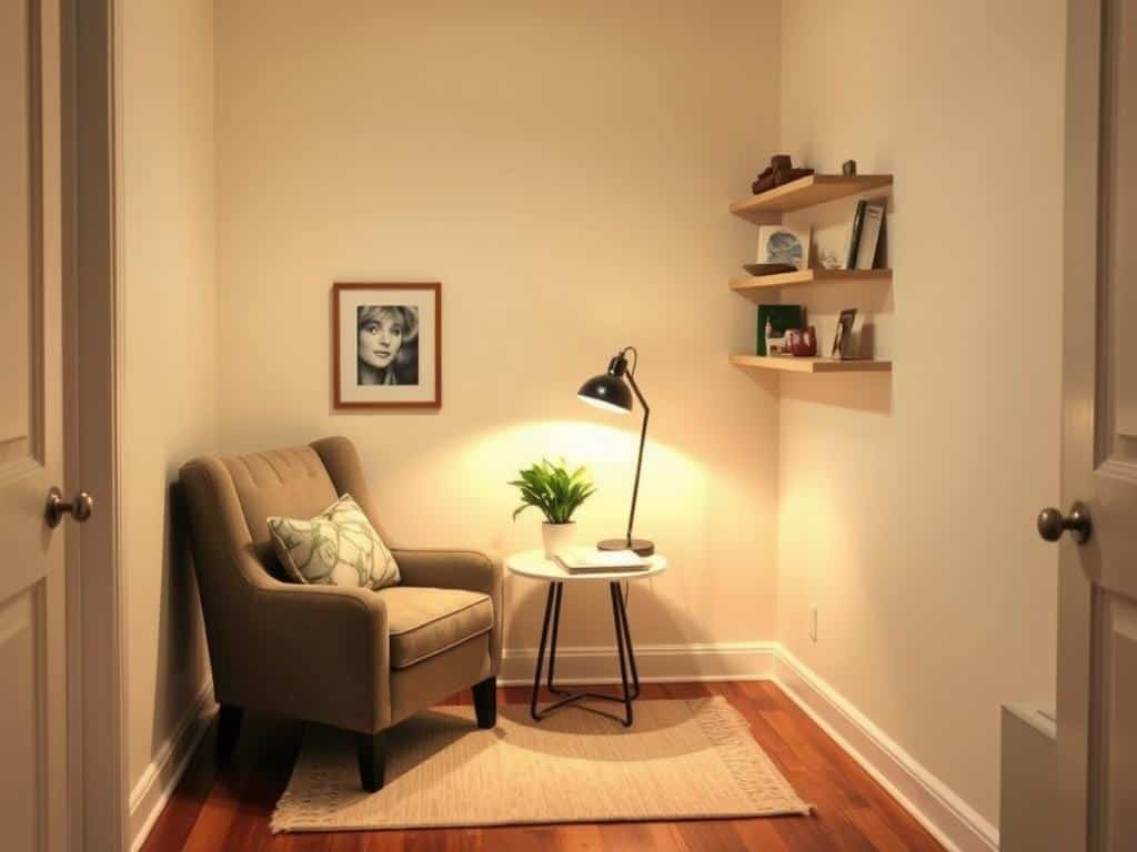 A cozy reading nook created in an awkward corner of a small space