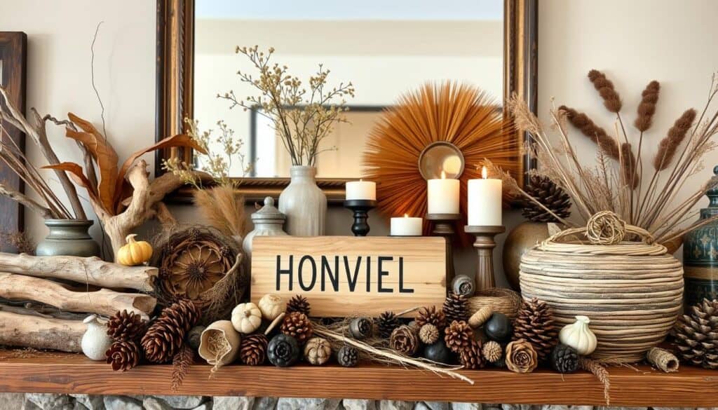 A cozy, rustic fireplace mantel display with an assortment of natural, handcrafted decor elements. In the foreground, arrange a mix of aged wood, woven baskets, pinecones, and dried botanicals. In the middle ground, place a few decorative vases, candles, and simple DIY projects like a stenciled wooden sign. In the background, hang a large, framed mirror or wall art to reflect the warm, ambient lighting. The scene has a muted, earthy color palette with touches of weathered metal and patina. Capture the arrangement at a slight angle to showcase the depth and layering of the styling. Evoke a sense of handmade charm and rustic elegance.