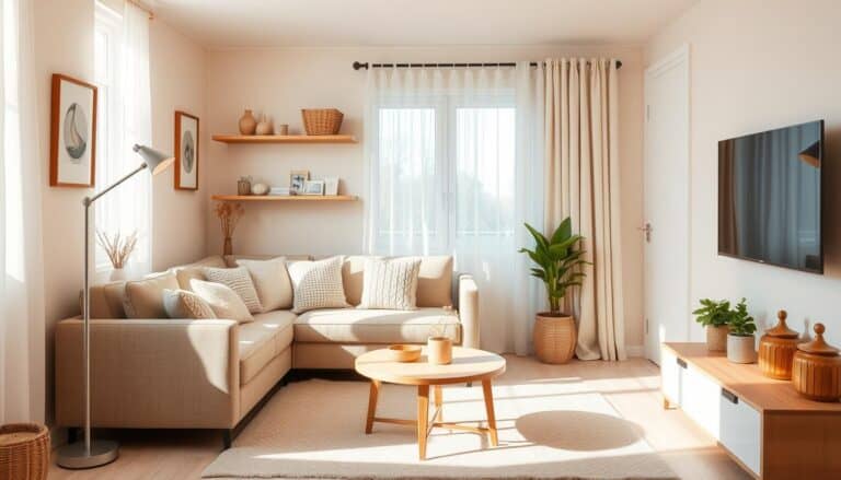A cozy small living room with smart storage and warm lighting