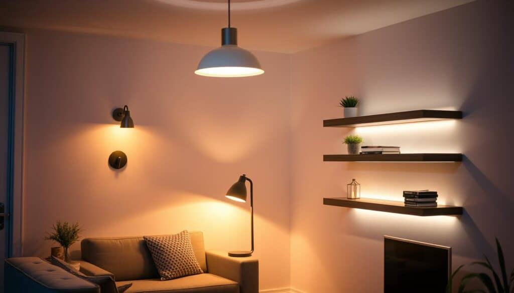 A cozy small space with layered ambient lighting creating warmth