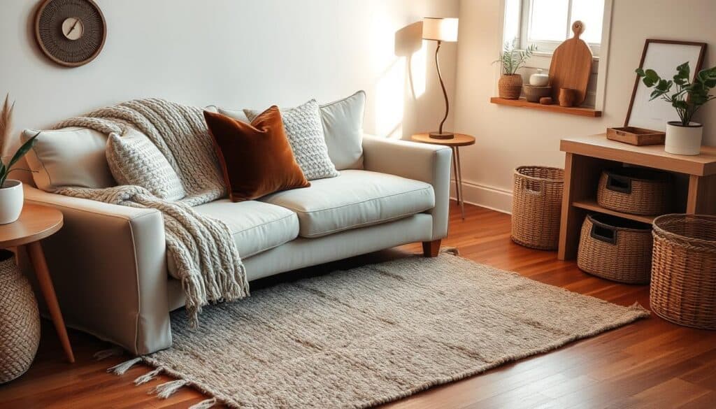 A cozy small space with layered textures instead of many objects