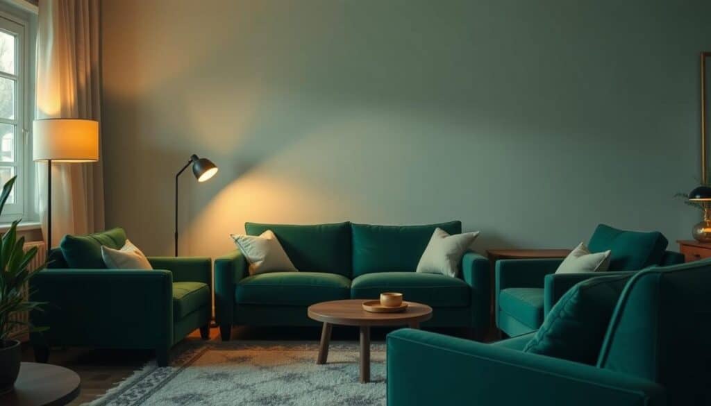 A cozy, sophisticated green living room bathed in warm, ambient lighting. Soft, diffused illumination from a pair of sleek, minimalist floor lamps casts a gentle glow, complementing the rich, emerald-toned velvet sofa and armchair. Subtle accent lighting highlights natural textures, like a wooden side table and a plush, patterned area rug. The overall mood is one of relaxed elegance, inviting the viewer to sink into the serene, harmonious space.
