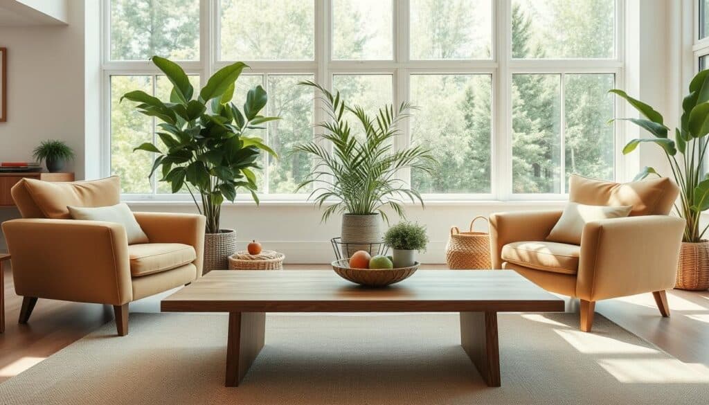 A cozy, sun-drenched green living room showcasing a stylish arrangement of sustainable furniture. In the foreground, a sleek, minimalist wooden coffee table with natural grain patterns is flanked by two plush, eco-friendly armchairs upholstered in earthy tones. In the middle ground, a large, lush potted plant and a woven basket add warmth and texture. The background features a wall of large windows that flood the space with soft, natural light, highlighting the room's commitment to environmental consciousness. The overall atmosphere evokes a sense of serenity and harmony, perfectly capturing the essence of eco-friendly living.