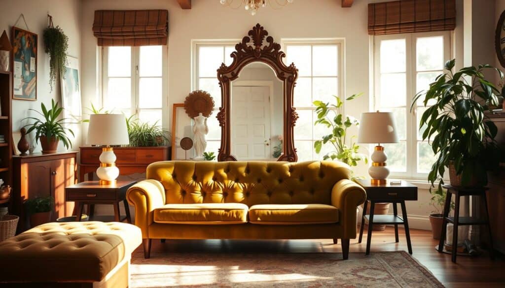 A cozy, sun-drenched vintage-inspired living room filled with upcycled and found decor elements. In the foreground, a tufted olive green velvet sofa is flanked by a pair of mid-century modern side tables with minimalist brass lamps. The middle ground features a large, ornate vintage mirror propped against the wall, casting warm reflections. In the background, a lush potted plant cascades from a wooden plant stand, complementing the natural textures and earth-toned accents throughout the space. Soft, diffused natural lighting filters in through large windows, creating a tranquil, inviting atmosphere.