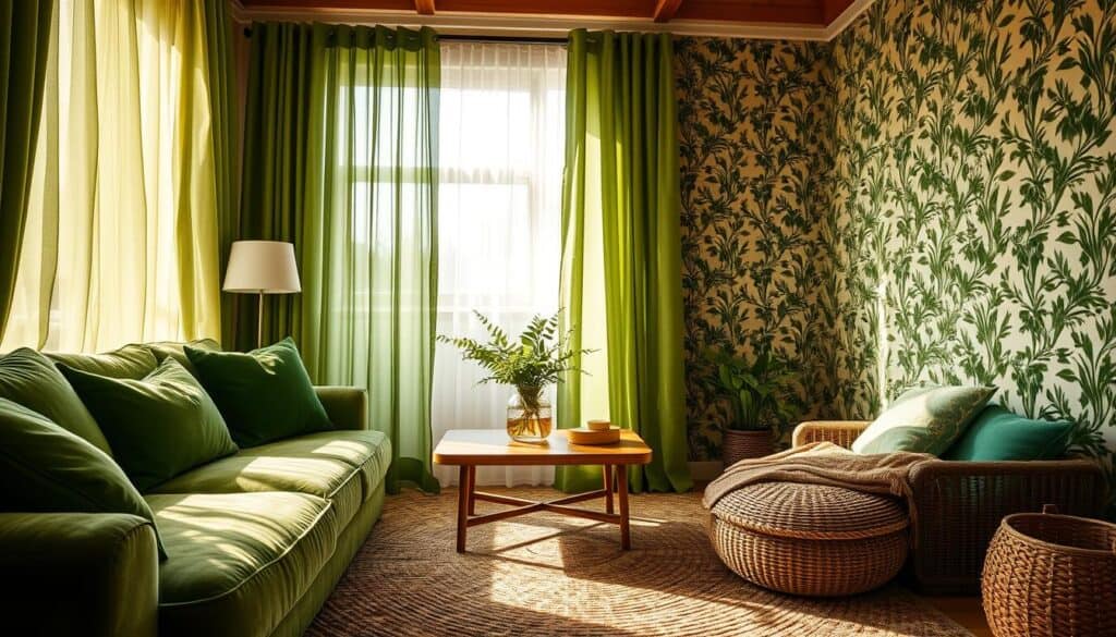 A cozy, sun-lit green living room with lush, textured fabrics and soft, inviting textiles. In the foreground, plush velvet cushions in emerald and moss tones adorn a deep-seated sofa. Flowing sheer curtains in a verdant hue gently billow in the breeze, casting a warm, natural glow across the space. In the middle ground, a large, woven area rug in earthy tones anchors the scene, complemented by a wooden coffee table topped with a vase of fresh greenery. The background features a wall adorned with intricate, patterned wallpaper in a botanical motif, creating a lush, immersive atmosphere. Soft, diffused lighting from hidden sources illuminates the textures and brings the natural elements to life.