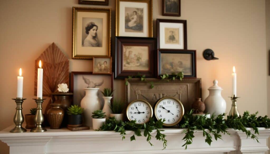 A cozy, well-lit fireplace mantel showcasing an artful arrangement of decorative items. In the foreground, a pair of elegant candlesticks flank a vintage clock, their flickering flames casting a warm glow. In the middle ground, a collection of small potted plants, ceramic vases, and decorative trays creates a visually balanced display. The background features a tasteful assortment of framed artwork, wall sconces, and a lush garland draped across the mantel, evoking a sense of timeless sophistication. The overall scene is captured with a soft, slightly hazy lighting and a slightly elevated camera angle, emphasizing the inviting and harmonious atmosphere.