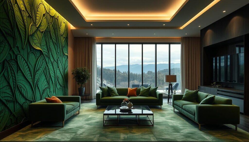 A luxurious, stylish green living room with striking wall treatments. The foreground features a lush, verdant accent wall with intricate, organic patterns that create a sense of depth and texture. The middle ground showcases a modern, minimalist seating arrangement with plush, jewel-toned upholstery that complements the green tones. Soft, diffused lighting from sleek, recessed fixtures casts a warm, inviting glow throughout the space. In the background, large windows overlooking a scenic, natural landscape flood the room with natural light, blurring the boundaries between indoors and out. The overall atmosphere exudes a calming, elegant ambiance that feels straight out of a high-end design magazine.