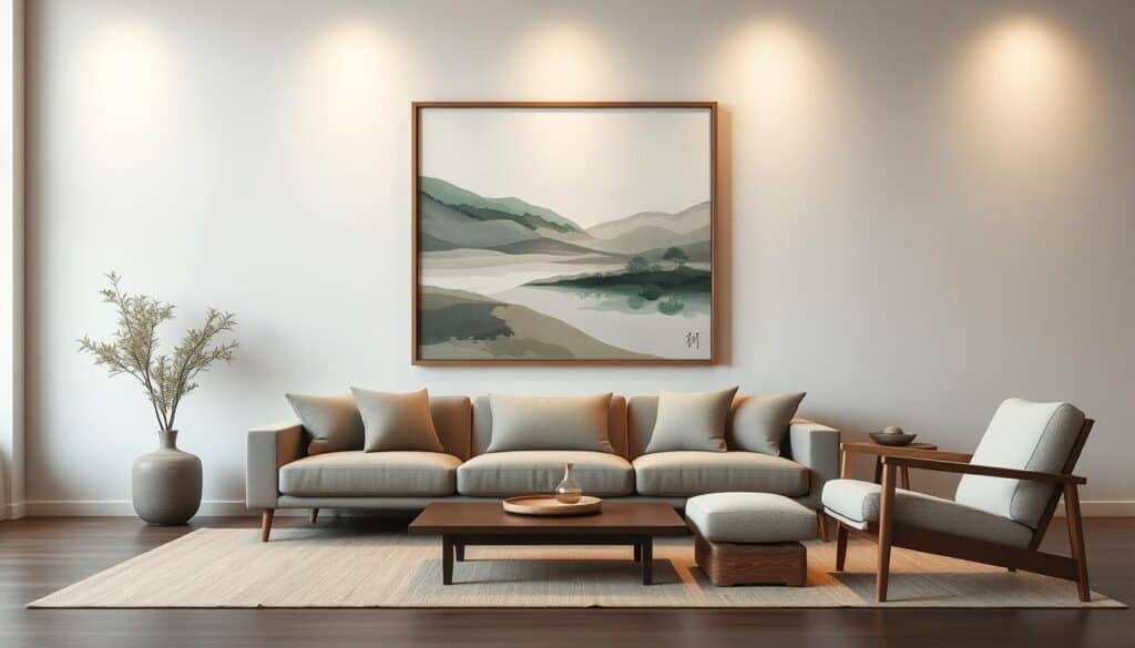 A minimalist, Japandi-inspired living room with a captivating focal point wall art piece. In the foreground, a simple, clean-lined wooden frame showcases a serene, abstract landscape painting in muted tones of green, gray, and beige. The artwork is lit by soft, diffused lighting, creating a warm and inviting ambiance. In the middle ground, a neutral-toned sofa and complementary armchair provide a tranquil seating area, while the background features a neutral-toned wall and subtle textures, allowing the wall art to take center stage. The overall mood is one of understated elegance and zen-like tranquility. A minimalist, Japandi-inspired living room with a captivating focal point wall art piece. In the foreground, a simple, clean-lined wooden frame showcases a serene, abstract landscape painting in muted tones of green, gray, and beige. The artwork is lit by soft, diffused lighting, creating a warm and inviting ambiance. In the middle ground, a neutral-toned sofa and complementary armchair provide a tranquil seating area, while the background features a neutral-toned wall and subtle textures, allowing the wall art to take center stage. The overall mood is one of understated elegance and zen-like tranquility.
