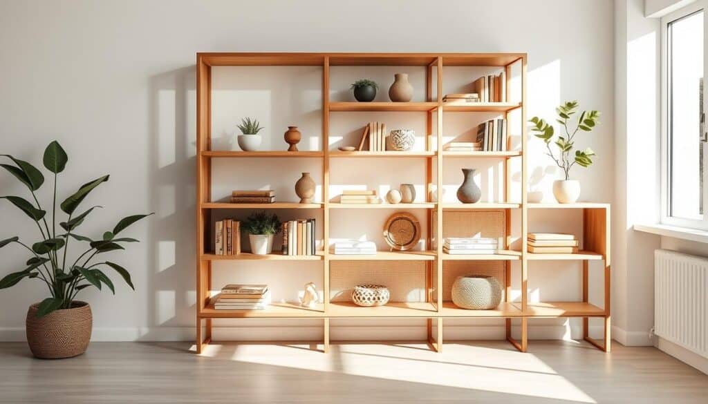 A minimalist Japandi-style bookshelf with a sleek, wooden frame stands in a bright, natural-lit room. Elegant glass and rattan accents create a sophisticated, harmonious display. Carefully curated books, potted plants, and decorative objects in earthy tones and natural textures fill the shelves, exuding a sense of warmth and tranquility. Soft shadows from the side lighting accentuate the organic materials, while a slightly angled camera perspective adds depth and visual interest. The overall scene conveys a serene, well-balanced atmosphere that showcases the beauty of simplicity and the tactile charm of natural elements. A minimalist Japandi-style bookshelf with a sleek, wooden frame stands in a bright, natural-lit room. Elegant glass and rattan accents create a sophisticated, harmonious display. Carefully curated books, potted plants, and decorative objects in earthy tones and natural textures fill the shelves, exuding a sense of warmth and tranquility. Soft shadows from the side lighting accentuate the organic materials, while a slightly angled camera perspective adds depth and visual interest. The overall scene conveys a serene, well-balanced atmosphere that showcases the beauty of simplicity and the tactile charm of natural elements.