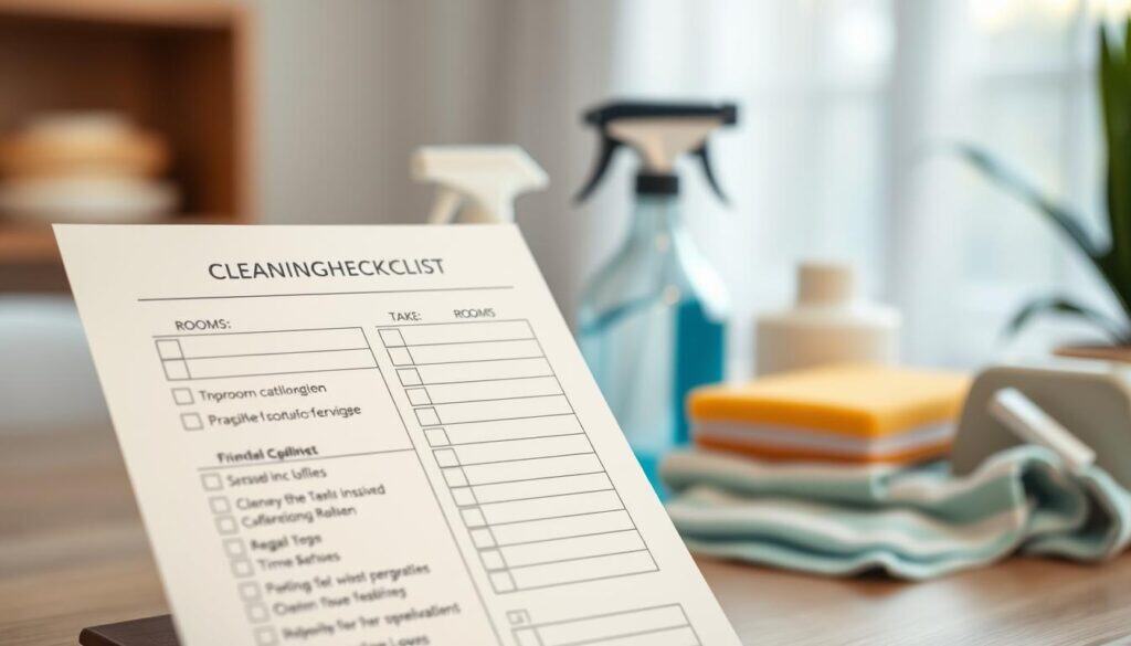 A neatly organized cleaning checklist, with distinct sections for different rooms and tasks. The foreground displays a tidy, minimalist design with clean lines and a neutral color palette, perhaps in shades of white, gray, and light blue. The middle ground showcases various cleaning supplies, such as a spray bottle, a sponge, and a microfiber cloth, arranged in a visually appealing manner. The background features a soft, blurred, and airy setting, hinting at a bright, well-lit, and tranquil home environment. The overall mood is one of order, efficiency, and a sense of calm and control over the domestic space.