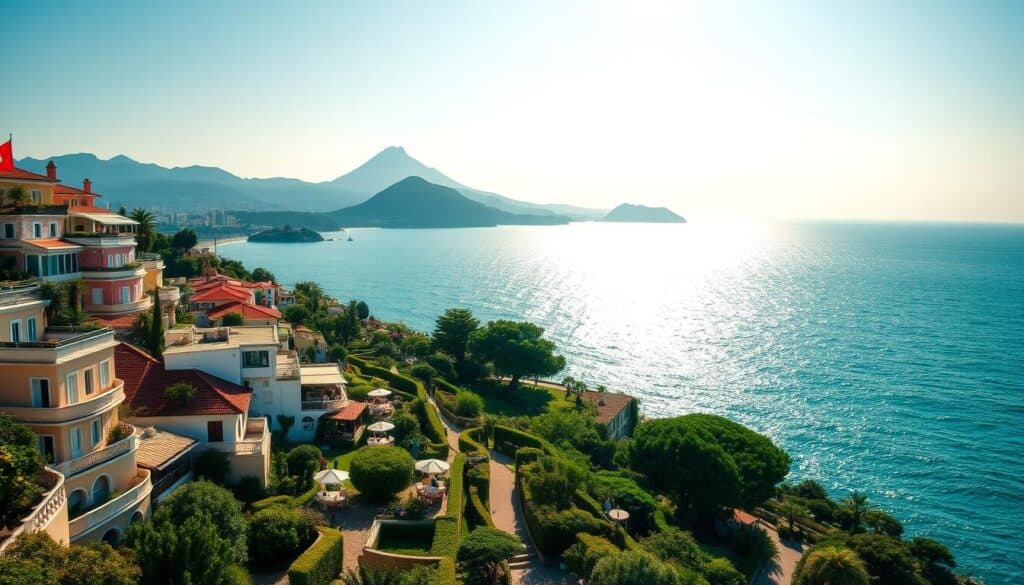 A picturesque scene of the Sorrento coastline, overlooking the sparkling azure waters of the Bay of Naples. In the foreground, a row of charming, pastel-colored hotels and villas cascade down the cliffside, their balconies and terraces offering breathtaking views of the bay. The middle ground features lush, verdant gardens and winding paths that lead visitors through the quaint town. In the background, the majestic Mount Vesuvius looms, its silhouette framed by a warm, golden sunset. The scene is bathed in soft, diffused lighting, creating a serene and romantic atmosphere, inviting travelers to imagine themselves relaxing in this idyllic Italian destination.