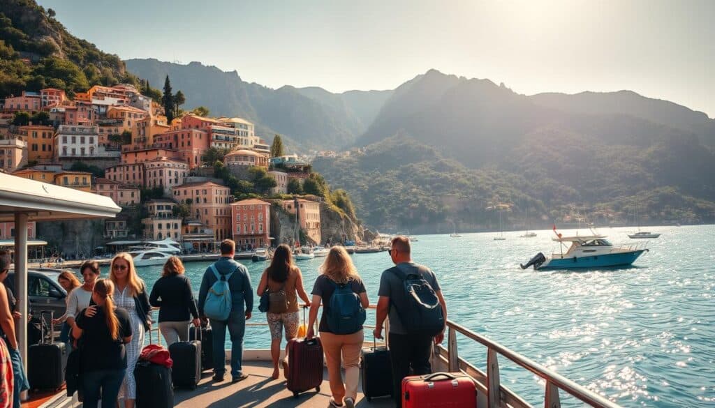 A scenic view of the Amalfi Coast in Naples, Italy. In the foreground, a group of travelers disembarking from a ferry, their luggage in hand, with the vibrant houses and buildings of the coastal town cascading down the cliffs behind them. In the middle ground, the turquoise waters of the Tyrrhenian Sea glisten under the warm Mediterranean sun, dotted with fishing boats and small yachts. In the background, the majestic mountains rise up, their slopes covered in lush greenery and olive groves. The scene is bathed in a soft, golden light, creating a warm and inviting atmosphere, capturing the essence of the Amalfi Coast's arrival experience.