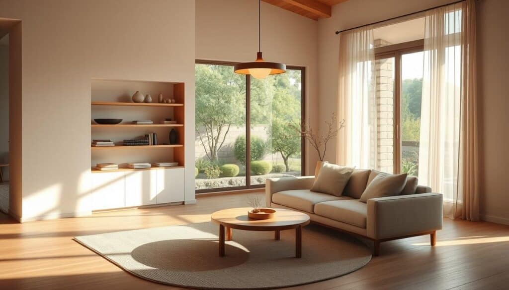 A serene and harmonious Japandi-style living room bathed in warm, natural light. A minimalist, yet cozy space featuring a low-profile sofa upholstered in neutral-toned linen, complemented by a wooden coffee table and an organic-shaped area rug. In the background, a wall-mounted shelving unit displays a curated selection of ceramics, books, and natural elements. Large windows overlooking a tranquil garden scene, with delicate sheer curtains filtering the daylight. Subtle lighting from a sleek, minimalist pendant lamp casts a soft glow, creating a calming, zen-like ambiance. The overall aesthetic blends the clean lines and functionality of Scandinavian design with the elegance and craftsmanship of traditional Japanese aesthetics. Japandi living room with cream linen sofa, dark wood coffee table, bamboo vase, and jute rug overlooking a zen garden.